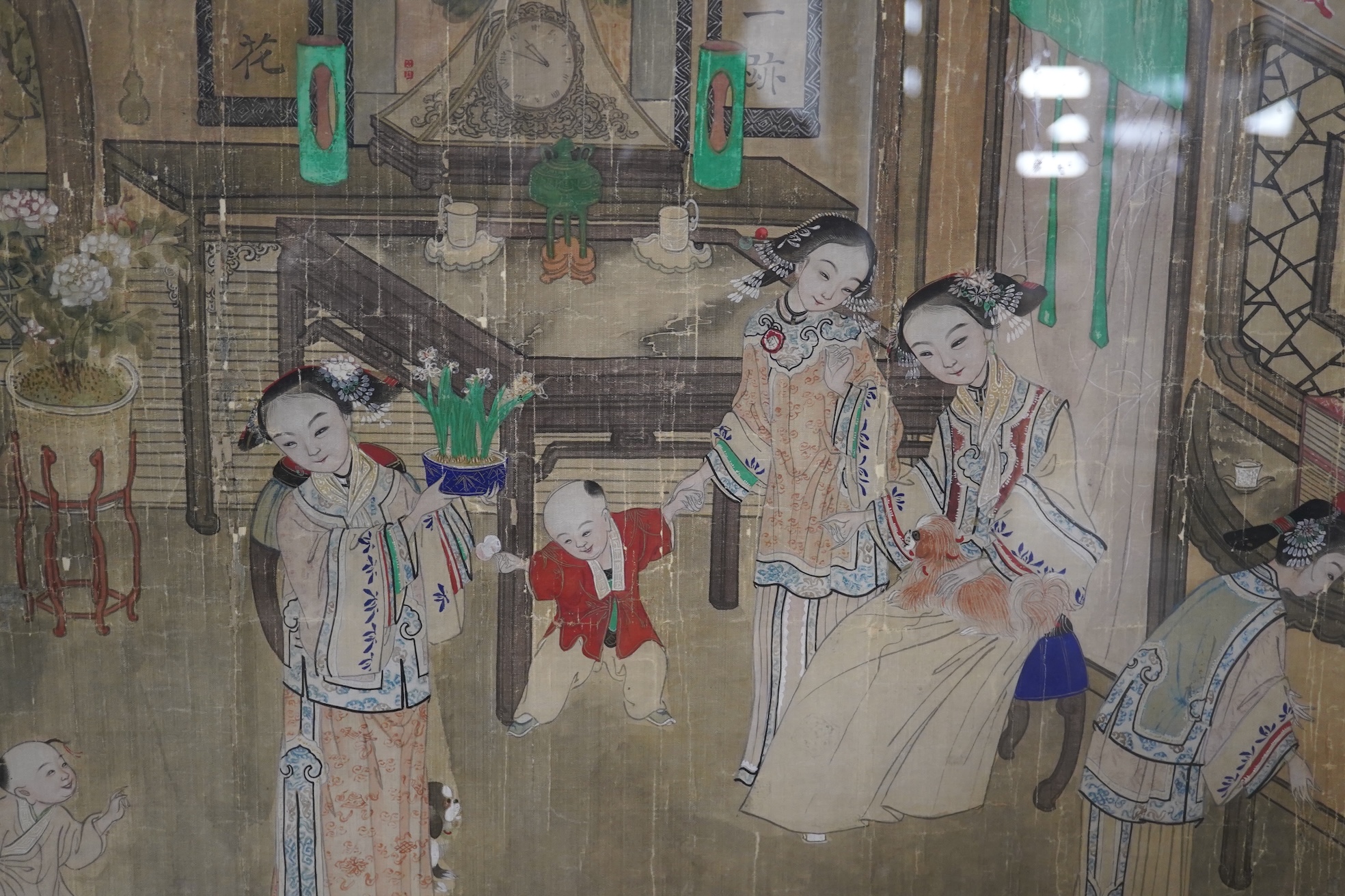 19th century, Chinese School, watercolour on silk, Interior scene with women and children, unsigned, 45 x 63cm. Condition - poor